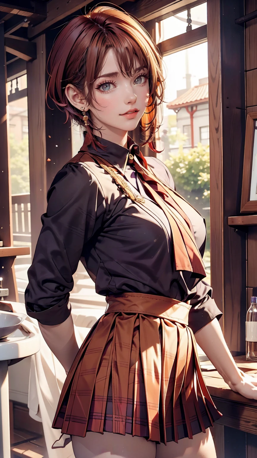 Maid, Blonde, Purple eyes, smile、Headdresaid服、Red hair、Pixie Cut、Sexy proportions、Sexy、Wear a mini pleated skirt