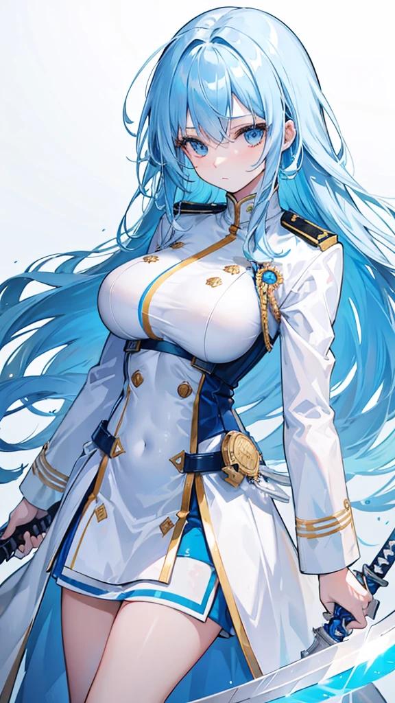 light sky blue hair, cold expression, neat white uniform, holding a sword, very large breasts, long straight hair