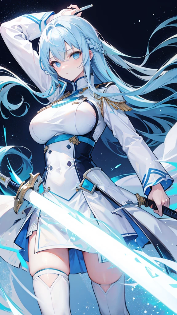 light sky blue hair, cold expression, neat white uniform, holding a sword, very large breasts, long straight hair

