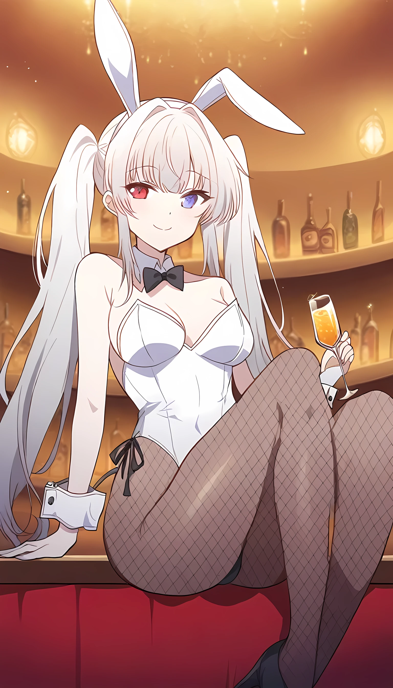 1girl, solo, long hair, breasts, looking at viewer, smile, blue eyes, red eyes, bow, animal ears, twintails, medium breasts, sitting, tail, white hair, pantyhose, indoors, bowtie, rabbit ears, leotard, cup, wrist cuffs, black pantyhose, strapless, black bow, detached collar, fake animal ears, heterochromia, playboy bunny, rabbit tail, fishnets, drinking glass, strapless leotard, black bowtie, white leotard, fishnet pantyhose