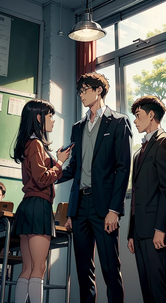 Couple of men and women in high 、Classroom、Men and women with height difference