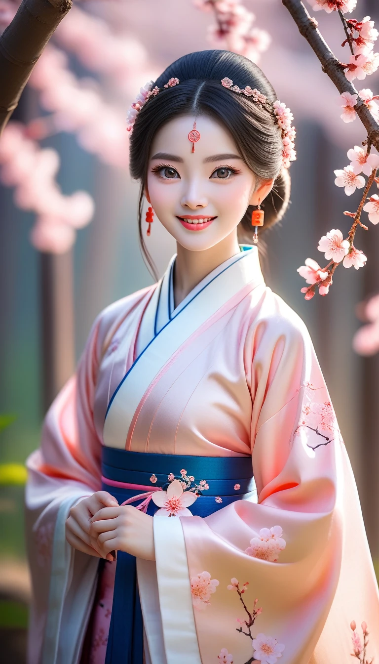 Superb Quality, Masterpiece, High Resolution, 1Girl, Blush, (Charming Smile: 0.8), Star Eyes, Chinese Hanfu, Hair Accessories, Jewelry, Beauty, on_body, Tyndall Effect, Realistic, Peach Blossom Forest, Light Edge, Two-tone Lighting, (High Detail Skin: 1.2), 8K UHD, DSLR, Soft Light, High Quality, Volume Lighting, Voyeur, Photo, High Resolution, 4K, 8K, Background Blur