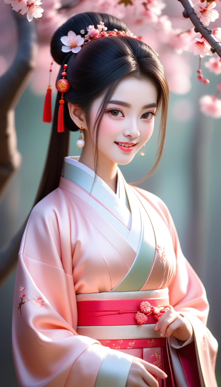 Superb Quality, Masterpiece, High Resolution, 1Girl, Blush, (Charming Smile: 0.8), Star Eyes, Chinese Hanfu, Hair Accessories, Jewelry, Beauty, on_body, Tyndall Effect, Realistic, Peach Blossom Forest, Light Edge, Two-tone Lighting, (High Detail Skin: 1.2), 8K UHD, DSLR, Soft Light, High Quality, Volume Lighting, Voyeur, Photo, High Resolution, 4K, 8K, Background Blur