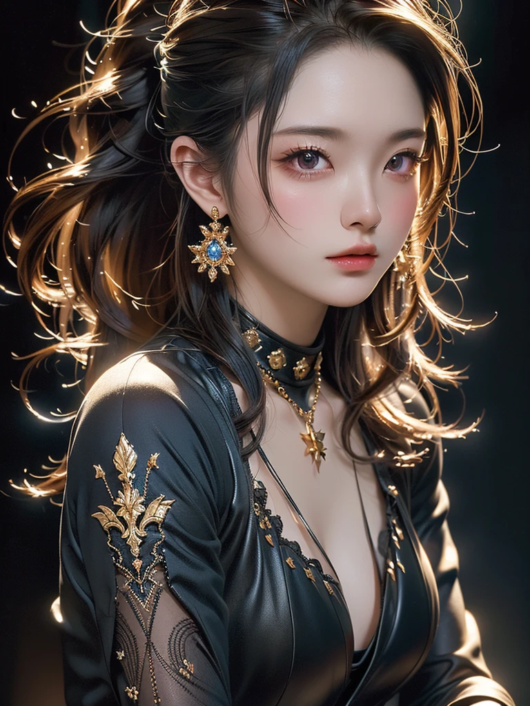 ((Highest quality)),(Ultra-high resolution),(Very detailed),(Detailed Description),((The best CG)),(masterpiece),Ultra-detailed art, Black background、Dramatic lighting1.2、Gives off a radiant aura、semi-long、(((Mid-shot photo 1.5)))