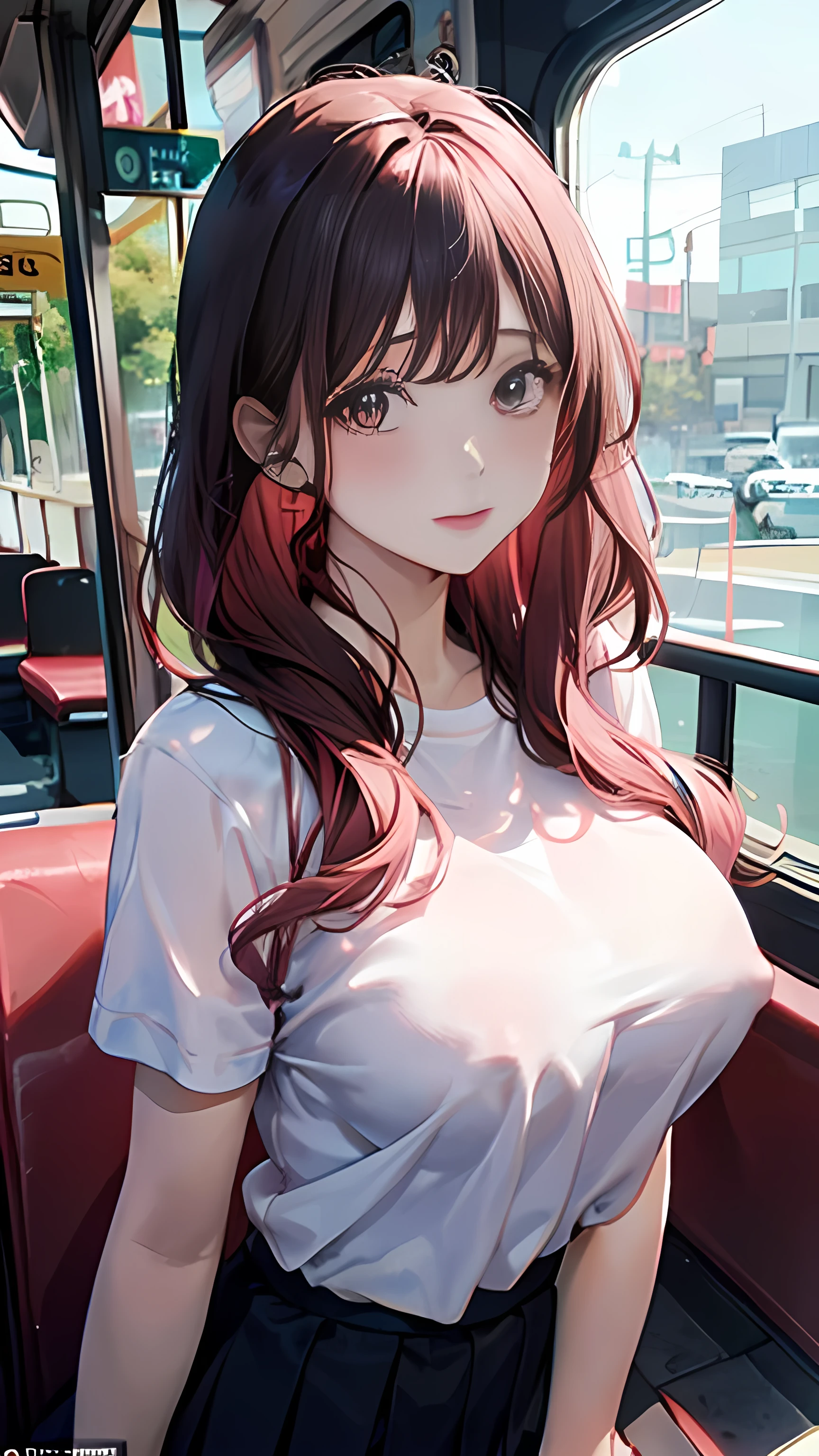 (masterpiece:1.2, Top quality),, Nice illustration, (Natural side Light, Light), 
Looking at the audience, 1 girl,Protruding nipples， Pink hair，White shirt clothes，Pleated skirt black，Large Breasts，Nipple protrusion 2:1，She is standing on the bus，Protruding breast nipples，front