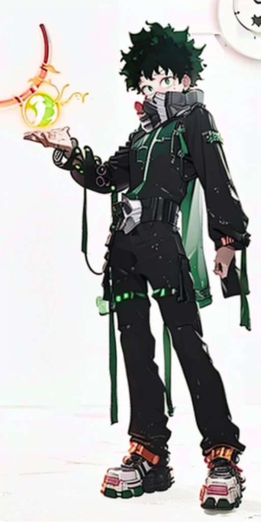 (((My Hero Academia Style))), (((Izuku Midoriya))), ((1boy)), (((solo))), ((Young Male)), ((single Character)), ((green eyes)), ((black eyeshadow)), ((ear piercings)), ((emo clothes)), ((punk clothes)), ((emo Style)), ((Punk Style)), ((Neon Green Glowing Symmetrical Cyberpunk Bracelets)), ((Symmetrical Cyberpunk Bracelets)), ((Neon Green Glowing Cyberpunk Bracelets)), ((Cyberpunk Bracelets)), ((Glowing Bracelets)), ((neon green bracelets)), ((neon green glowing bracelets)), ((red sneakers)), ((holding neon green energy orb)), ((holding energy orb)), ((holding orb neon green)), ((holding orb)), ((energy orb)), ((neon green energy orb)), ((perfect anatomy)), ((perfect hands)), ((perfect face)), ((super detailed)),