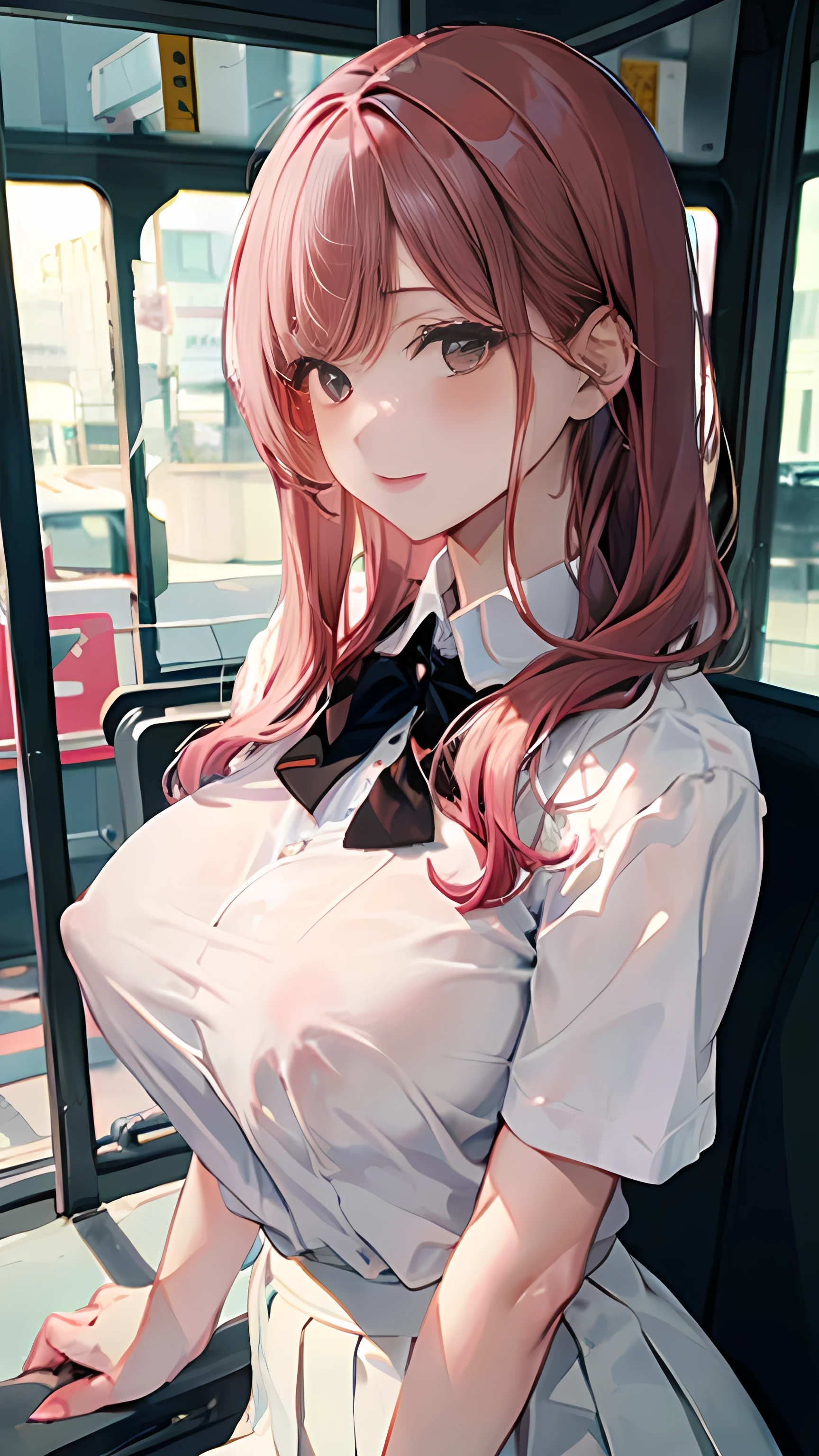 (masterpiece:1.2, Top quality),, Nice illustration, (Natural side Light, Light), 
Looking at the audience, 1 girl,Protruding nipples， Pink hair，White shirt clothes，Pleated skirt black，Large Breasts，Nipple protrusion 2:1，She is standing on the bus，Protruding breast nipples，front