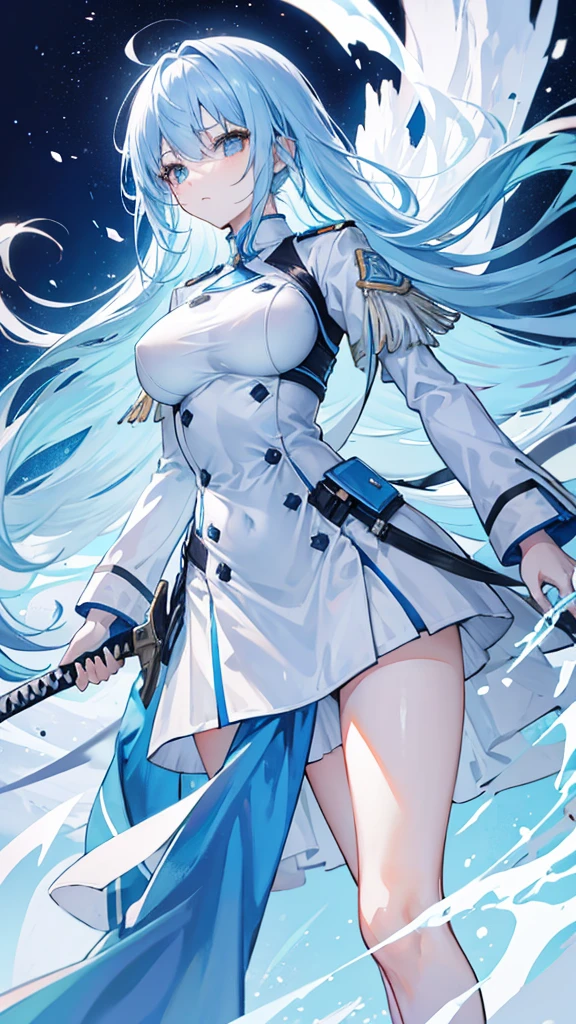 light sky blue hair, cold expression, neat white uniform, holding a sword, very large breasts, long straight hair