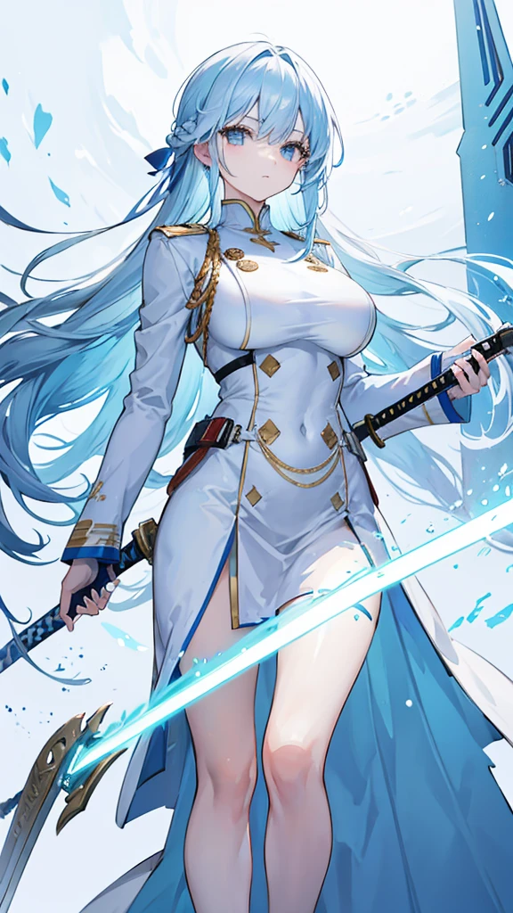 light sky blue hair, cold expression, neat white uniform, holding a sword, very large breasts, long straight hair
