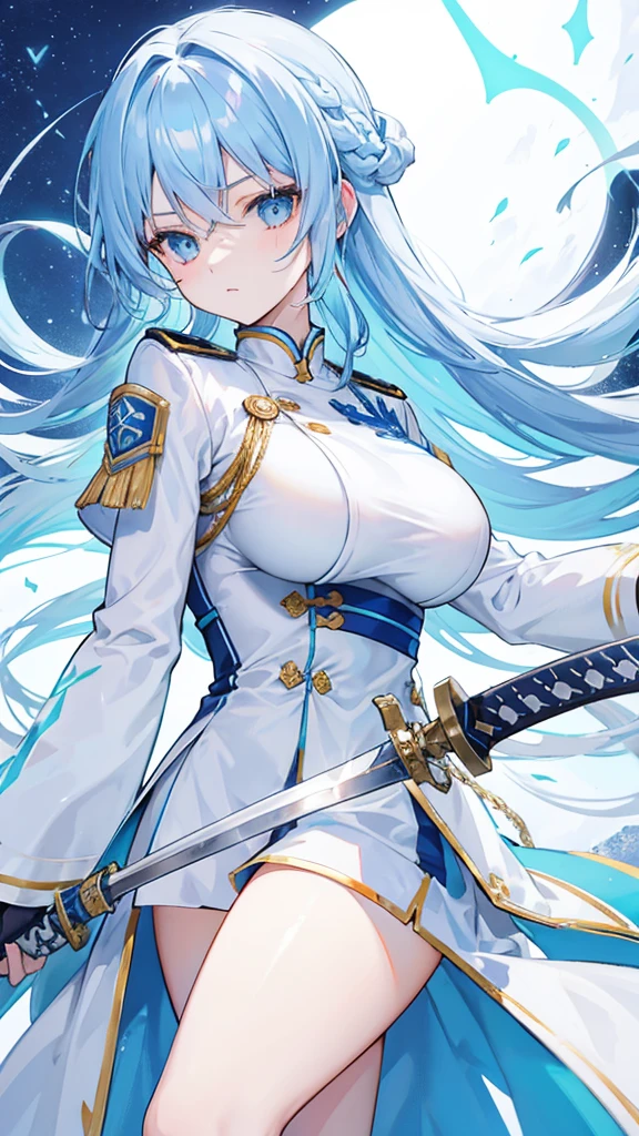 light sky blue hair, cold expression, neat white uniform, holding a sword, very large breasts, long straight hair