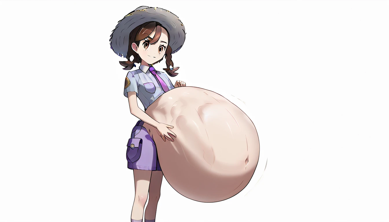 aoi, juliana \(pokemon\), brown hair, bangs, twin braids, brown eyes, gray headwear, straw hat, gray straw hat, short sleeves, hair ornament,
purple necktie, short necktie, purple shorts, gray crew socks, purple sneakers, gray , 1girl, alone, solo, large head, short stature, young girl, , , body, skinny, thin body, , skinny body, skinny limbs, skinny arms, skinny legs, small breasts, flat chest, small butt, full body, long shot, wide shot, very long shot, very wide shot, standing, side view, perfect side view, perfect body, perfect limbs, perfect arms, perfect hands, 5 fingers, detailed fingers, perfect legs, best quality, ultra detailed, high quality, highly detailed, 8k, 16k, masterpiece, perfect anatomy, good anatomy, cute, kawaii, blushing, detailed face, fixed face, bare belly, midriff, perfect belly, huge belly, hyper belly, gigantic belly, massive belly, enormous belly, big belly, giant belly, person inside belly vore, vore, source_anime, (score_9,score_8_up,score_7_up,), very aesthetic, multiple people inside belly, multiple preys, (vore belly)