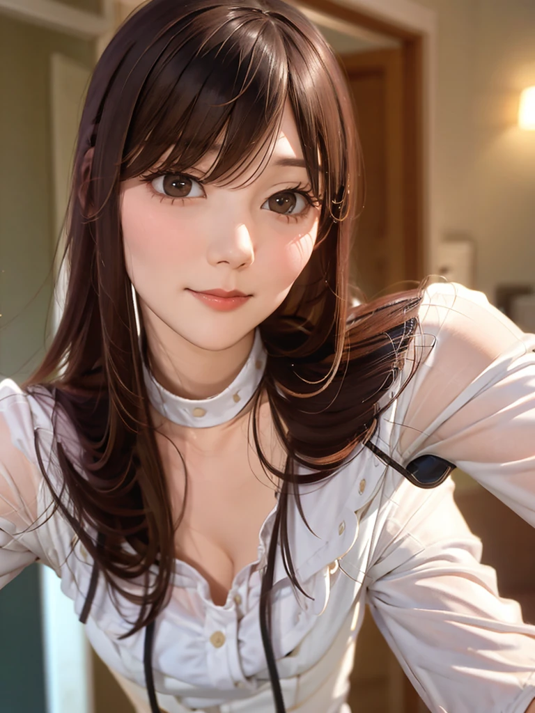 raw photo, 1girl, cute face, beautiful face, medium breast, collared blouse, White blouse, light smile, Upper body, detailed skin, pore, simple background, Frontal face, wallpaper, photorealistic, anatomically correct, masterpiece, best quality, uhd,Masterpiece　Upper body naked