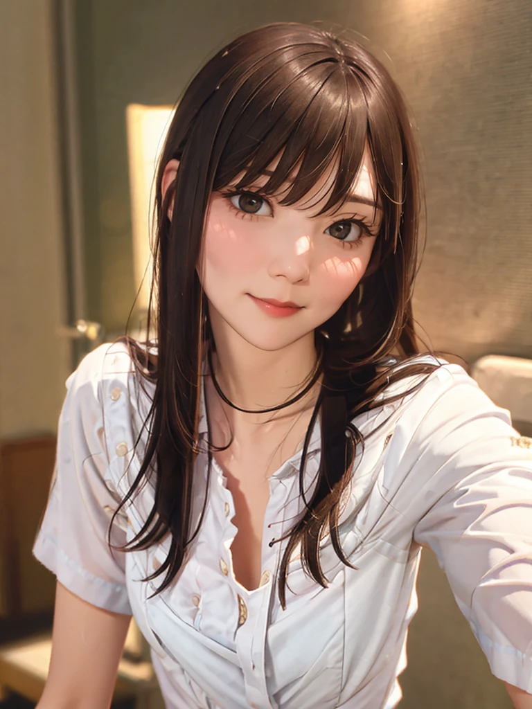 raw photo, 1girl, cute face, beautiful face, medium breast, collared blouse, White blouse, light smile, Upper body, detailed skin, pore, simple background, Frontal face, wallpaper, photorealistic, anatomically correct, masterpiece, best quality, uhd,Masterpiece　Upper body naked