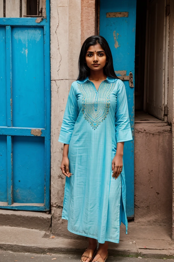 A indian girl standing on a street wearing blue kurta