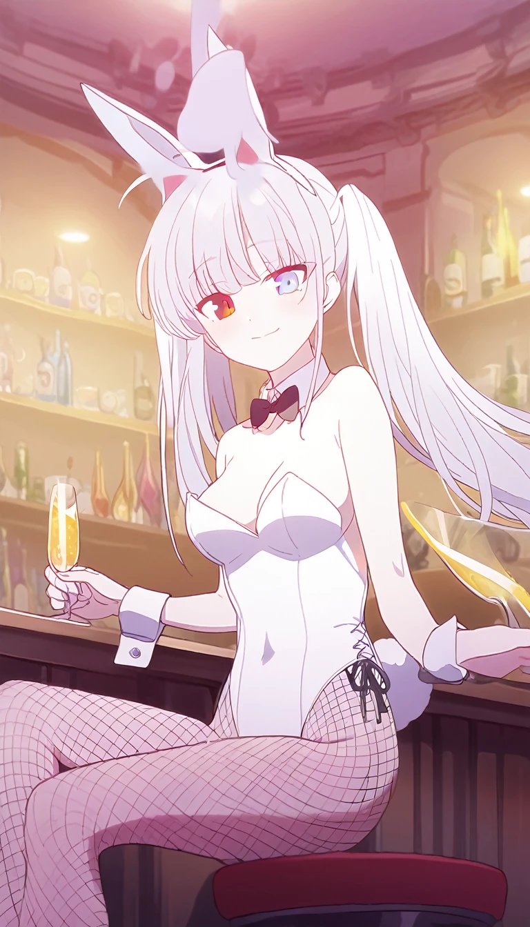1girl, solo, long hair, breasts, looking at viewer, smile, blue eyes, red eyes, bow, animal ears, twintails, medium breasts, sitting, tail, white hair, pantyhose, indoors, bowtie, rabbit ears, leotard, cup, wrist cuffs, black pantyhose, strapless, black bow, detached collar, fake animal ears, heterochromia, playboy bunny, rabbit tail, fishnets, drinking glass, strapless leotard, black bowtie, white leotard, fishnet pantyhose