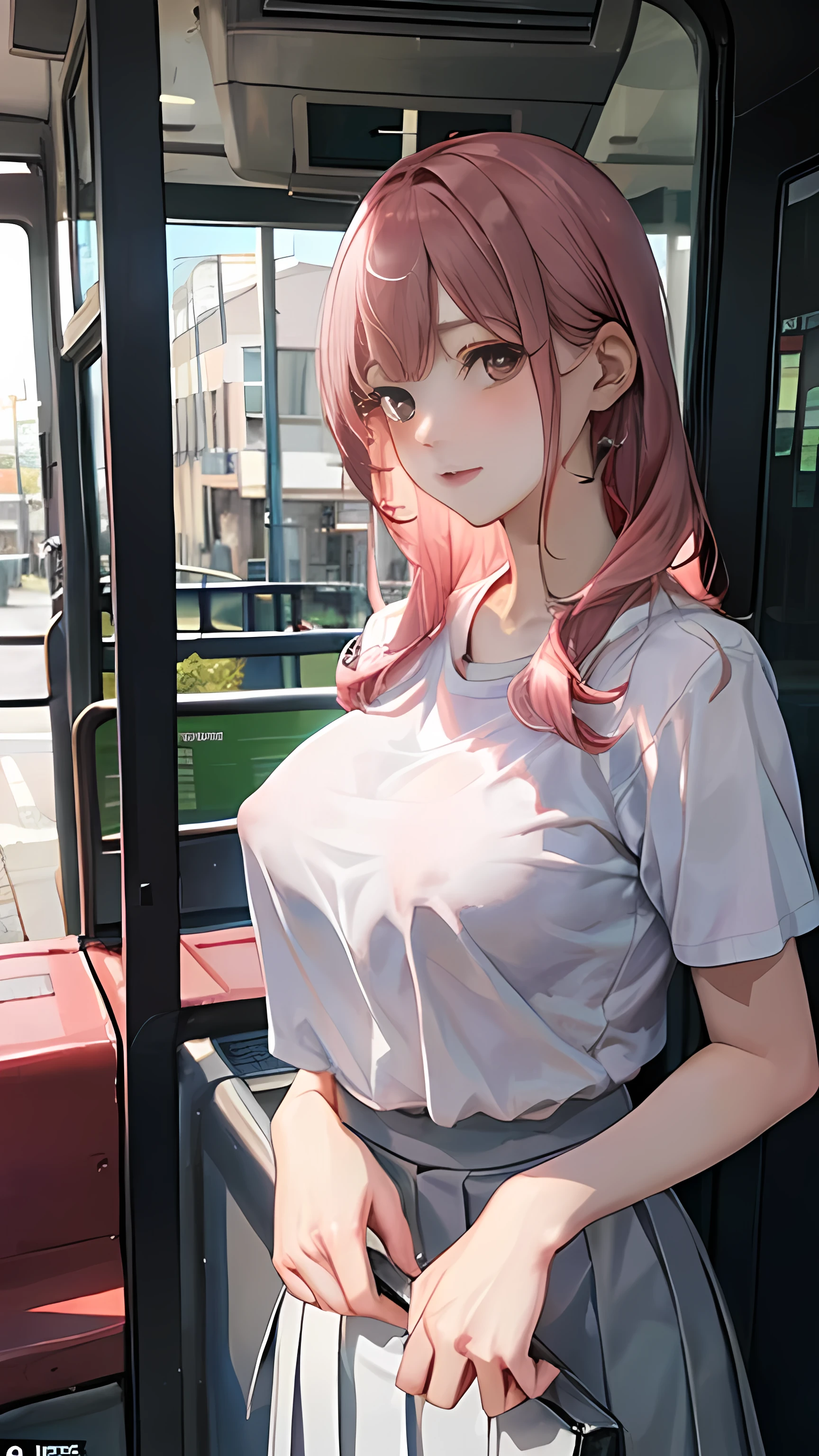 (masterpiece:1.2, Top quality),, Nice illustration, (Natural side Light, Light), 
Looking at the audience, 1 girl,Protruding nipples， Pink hair，White shirt clothes，Pleated skirt black，Large Breasts，Nipple protrusion 2:1，She is standing on the bus，Protruding breast nipples，front