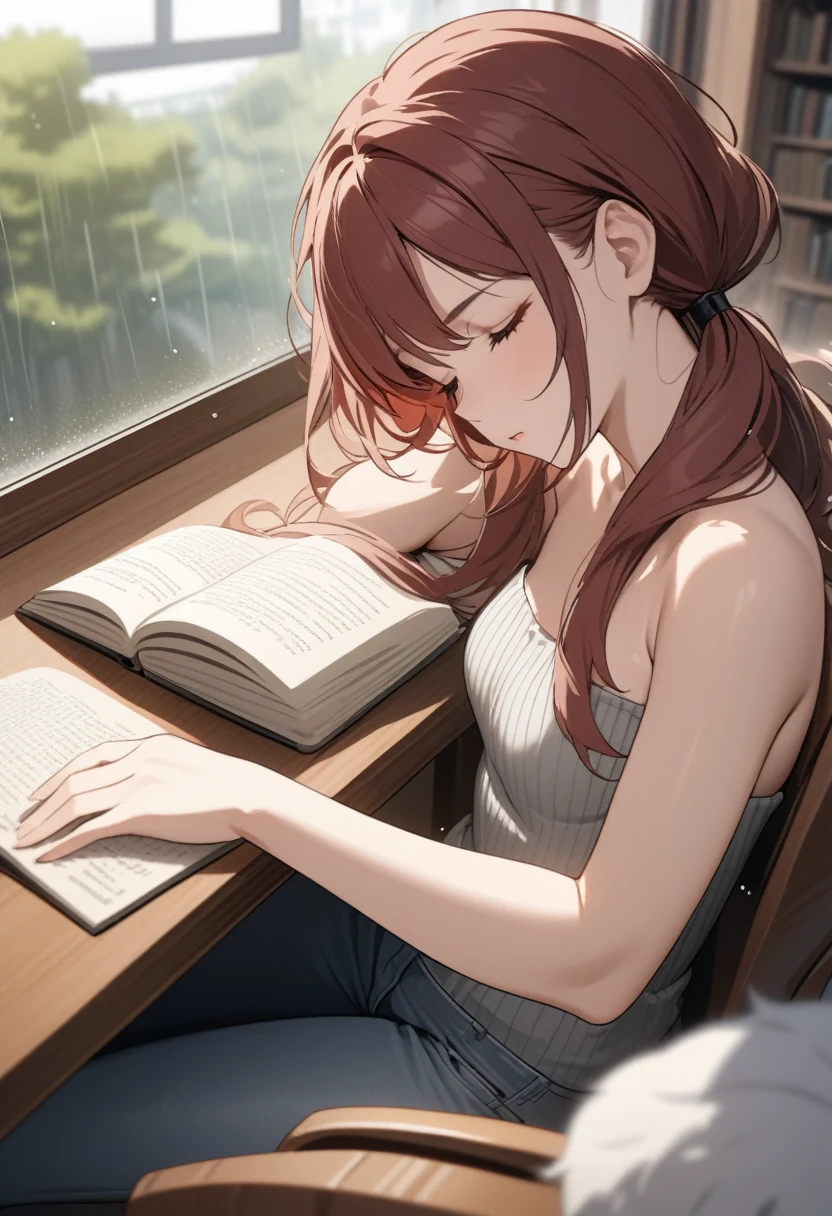 ((Best quality, masterpiece)), one young woman sleeping with head on open book, eyelashes, close up, beside window, rain falling outside, ribbed gray strapless shirt, jeans, gray eyes, swept bangs, low twin tails, dark red hair, stoic, asleep, library, sitting on chair in front of table, willow trees, depth of field, blurred background, light particles, windy, small breasts, toned arms, (particles:1.1), from above, from side