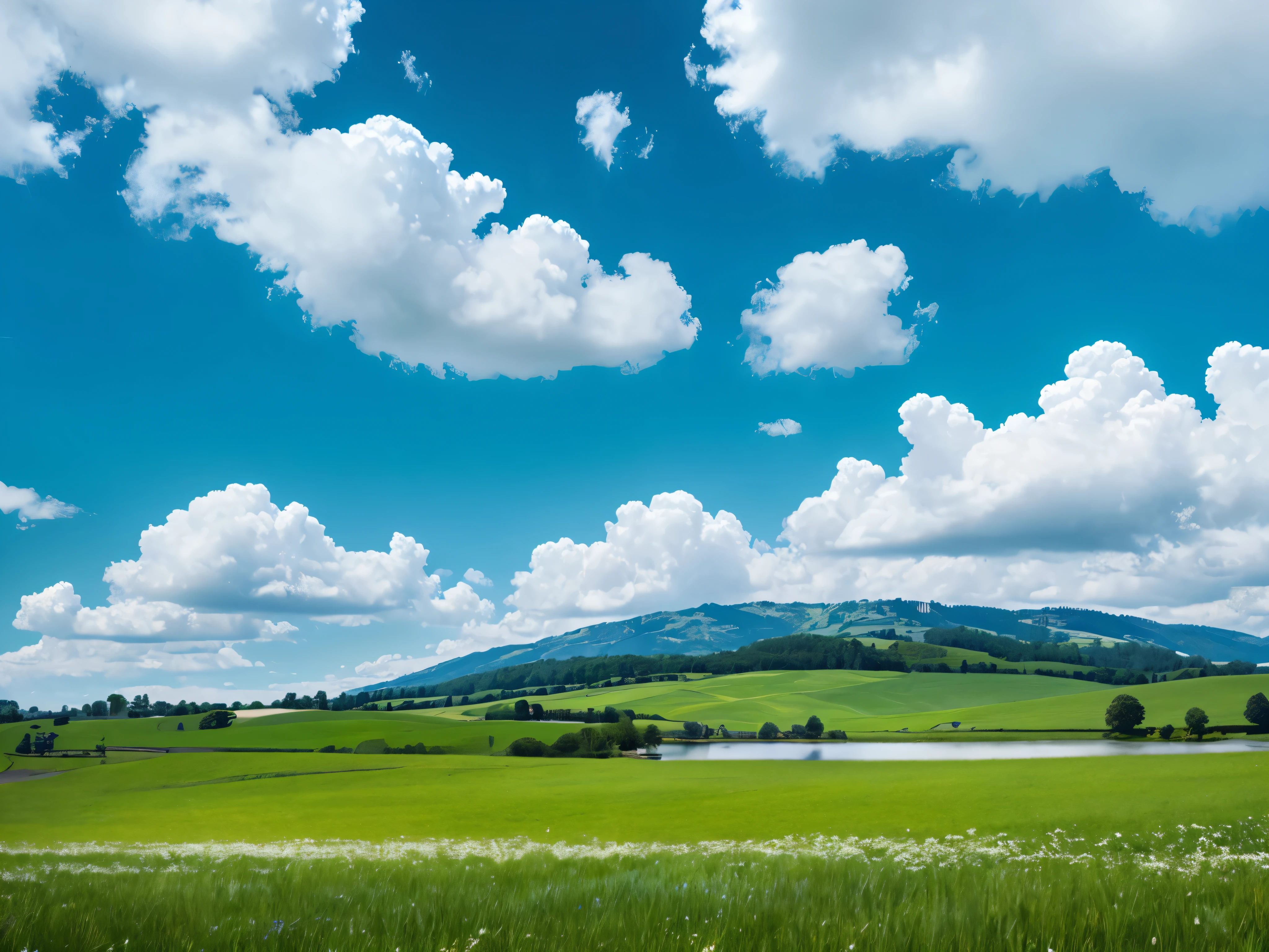 a beautiful blue sky with fluffy white clouds, serene landscape, (best quality,4k,8k,highres,masterpiece:1.2),ultra-detailed,(realistic,photorealistic,photo-realistic:1.37),dramatic lighting,vibrant colors,picturesque scenery,peaceful atmosphere,stunning scenery,idyllic countryside,environmental portrait