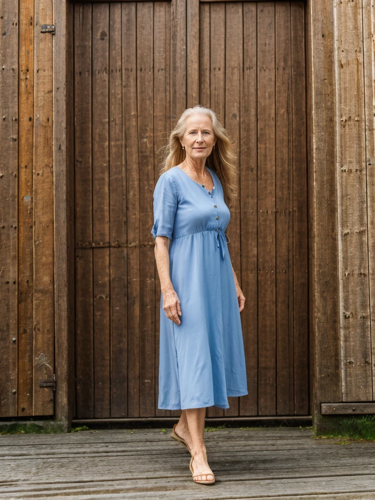 Liv Ullman, her name is Freydis, high quality, 1 old woman, ((50-year-old SLIM dutch woman)), ((50 years old)), (((wrinkled body))), ((((old body)))), (((LONG HAIR))), (((no make up))), (pale skin), (((blue eyes))), she is wearing stylish sundress Generation X wear different colors, POSE: standing, classy, elegant, BACKGROUND: outdoor: Bryggen, Bergen: Historic wooden buildings along the waterfront.