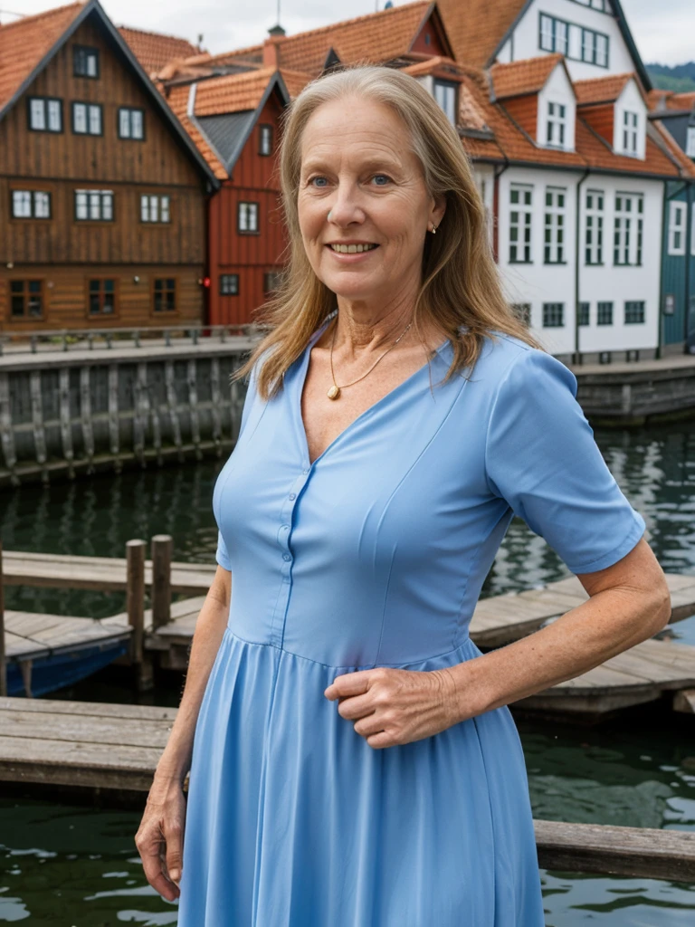 Liv Ullman, her name is Freydis, high quality, 1 old woman, ((50-year-old SLIM dutch woman)), ((50 years old)), (((wrinkled body))), ((((old body)))), (((LONG HAIR))), (((no make up))), (pale skin), (((blue eyes))), she is wearing stylish sundress Generation X wear different colors, POSE: standing, classy, elegant, BACKGROUND: outdoor: Bryggen, Bergen: Historic wooden buildings along the waterfront.
