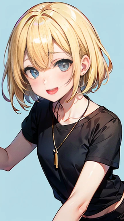 (AkiyamaYukari:1.25),

One Woman,

(Blonde:1.5),
(short,)Bobcut,

Early 20 years old,Natural skin texture,Narrow waist,Thin type,
(Asian Skin:1.9),Height: 168cm,Japanese Girl,,
Yellow eyes,Small breasts,Dressed securely,

((((Black T-shirt)))),
(((Black shorts))),
((necklace)),

((ID photo:1.8,Plain cerulean blue background:1.6,Capture your subject from the front)),
expression(smile),upright posture,Open Mouth,Open eyes,blush,White teeth,


Natural depiction,
Beautiful depiction,
Shiny eyes,
Healthy Body,
Natural hairstyle,
Natural body contours,
Natural facial contours,
(Five fingers)Absolute depiction,Symmetrical fingers,
Two arms,
Two legs,
Sharp eyelid depiction,
Symmetrical eyes,Symmetrical eyes,
Keep the subject in the center,Expand the upper body,
Beautiful image quality,
Delicate shades,
4K,Very detailed,
Delicate light adjustment,
Delicate contour drawing,