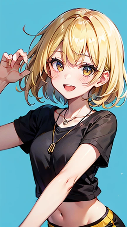 (AkiyamaYukari:1.25),

One Woman,

(Blonde:1.5),
(short,)Bobcut,

Early 20 years old,Natural skin texture,Narrow waist,Thin type,
(Asian Skin:1.9),Height: 168cm,Japanese Girl,,
Yellow eyes,Small breasts,Dressed securely,

((((Black T-shirt)))),
(((Black shorts))),
((necklace)),

((ID photo:1.8,Plain cerulean blue background:1.6,Capture your subject from the front)),
expression(smile),upright posture,Open Mouth,Open eyes,blush,White teeth,


Natural depiction,
Beautiful depiction,
Shiny eyes,
Healthy Body,
Natural hairstyle,
Natural body contours,
Natural facial contours,
(Five fingers)Absolute depiction,Symmetrical fingers,
Two arms,
Two legs,
Sharp eyelid depiction,
Symmetrical eyes,Symmetrical eyes,
Keep the subject in the center,Expand the upper body,
Beautiful image quality,
Delicate shades,
4K,Very detailed,
Delicate light adjustment,
Delicate contour drawing,