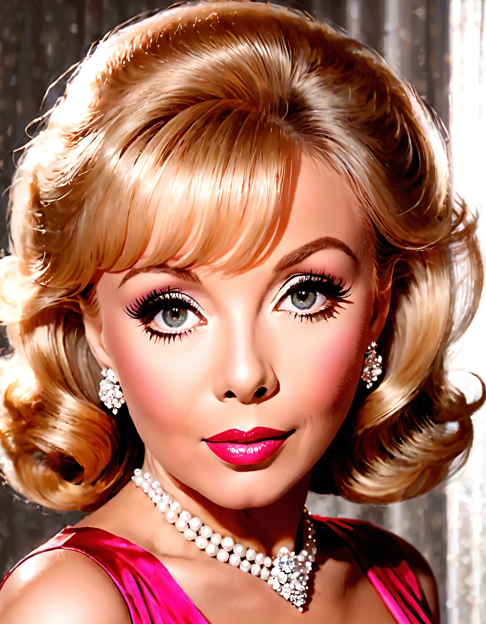 Generate a portrait of Barbara Eden exuding timeless elegance and vintage glamour. Envision her in a classic Hollywood setting with soft, flattering lighting. Emphasize her features with a touch of sophistication, perhaps inspired by the golden age of Hollywood. Ultra Realistic photo, vibrant colors, 16k