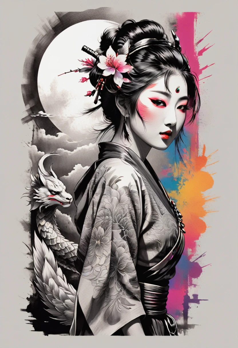 Design a t-shirt featuring a fantasy Japanese illustration of a samurai Geisha tattooed shoulder. (half body portrait)  Combine a detailed black and white drawing with vibrant, colorful digital fantasy elements dragon. Draw inspiration from the intricate and dynamic styles of Dan Mumford, junko mizuno, and Frank Frazetta.negative space