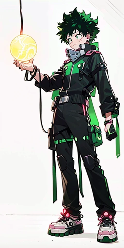 (((My Hero Academia Style))), (((Izuku Midoriya))), ((1boy)), (((solo))), ((Young Male)), ((single Character)), ((green eyes)), ((black eyeshadow)), ((ear piercings)), ((emo clothes)), ((punk clothes)), ((emo Style)), ((Punk Style)), ((Neon Green Glowing Symmetrical Cyberpunk Bracelets)), ((Symmetrical Cyberpunk Bracelets)), ((Neon Green Glowing Cyberpunk Bracelets)), ((Cyberpunk Bracelets)), ((Glowing Bracelets)), ((neon green bracelets)), ((neon green glowing bracelets)), ((red sneakers)), ((holding neon green energy orb)), ((holding energy orb)), ((holding orb neon green)), ((holding orb)), ((energy orb)), ((neon green energy orb)), ((perfect anatomy)), ((perfect hands)), ((perfect face)), ((super detailed)), 