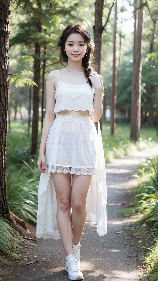 ((Best image quality, 8K, masterpiece:1.3)), 1 Girl, Beautiful woman with slim abdominal muscles:1.3, (Casual Hairstyle, plum bossom:1.2), (Shift Dress:1.1),36 inch chest size(a charming smile:1), (sexy pose)，Bangs to eyebrows、Beautiful brown hair、Beautiful and delicate eyes、Brown eyes、Raise an eyebrow、High Nose、Small nostril、Little mouth、Tempting lips、Mouth slightly open、Beautiful breasts、Full body、Oval face, Both eyes, Both eyes皮, Long eyebrows, Long eyelashes, A faint smile,, Ultra-thin face, Delicate eyes, Both eyes皮，Smile，(A girl in the forest), Full body posture, Solitary, Perfect body, Become a, White shoes，