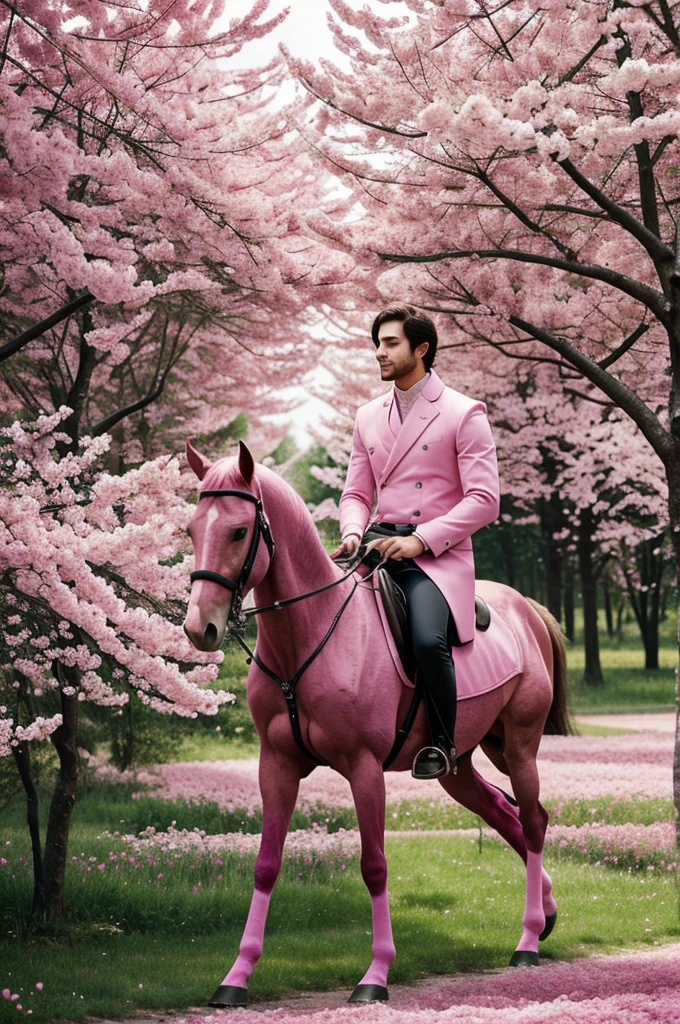 I want a pink prince man riding a pink horse, in a landscape of pink trees with many pink flowers