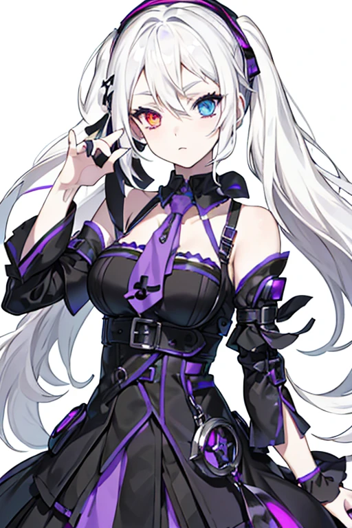 Gothic girl with white hair and heterochromia wearing purple Vocaloid-style clothing, mainly a few touches of black and white, with a somewhat dynamic pose.