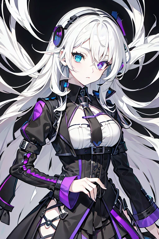 Gothic girl with white hair and heterochromia wearing purple Vocaloid-style clothing, mainly a few touches of black and white, with a somewhat dynamic pose.