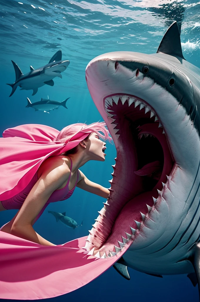 Create a very aggressive image of a shark at the bottom of the sea with its mouth open but with a super stylish pink ballet skirt 