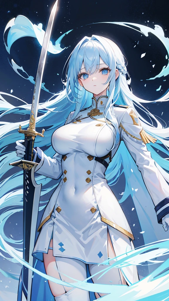 light sky blue hair, cold expression, neat white uniform, holding a sword, very large breasts, long straight hair