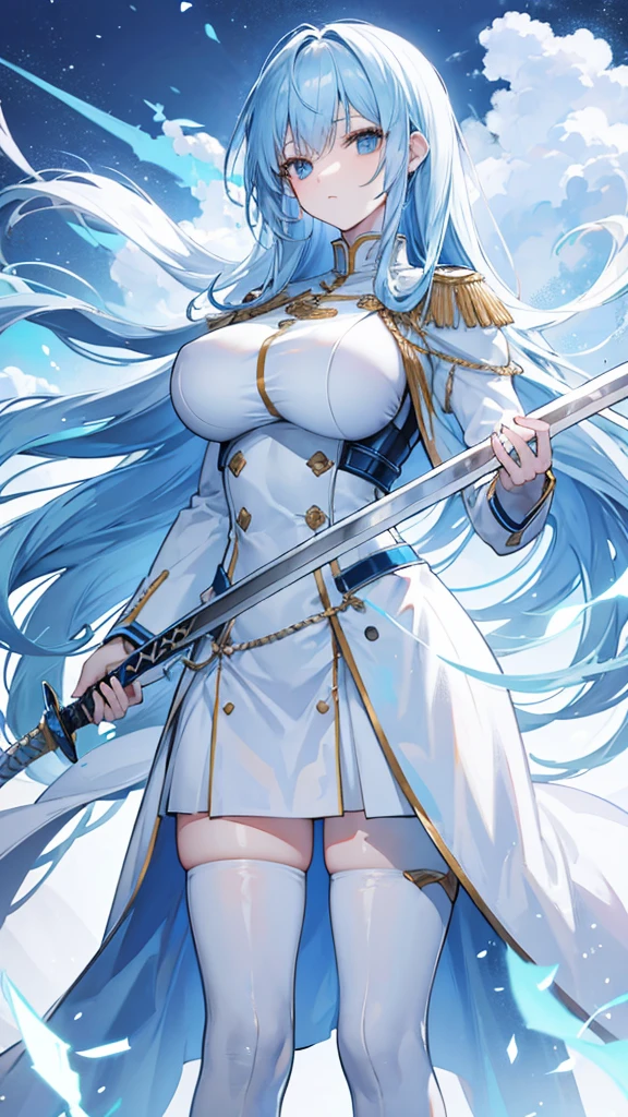 ((1 woman in medieval armor)),((Huge breasts, bare breasts, naked pussy, completely naked)),((in a forest)),((serious face)),((with lots of bubian hair)), ((very long messy hair, bright blue eyes)),((facing the viewer, holding a sword)),