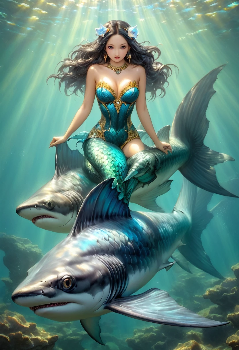 Sublime femme requin, bas du corps d'un requin,  haut du corps d'une femme mermaid, avec aileron de requin dans le dos , soutien gorge effet push-up 