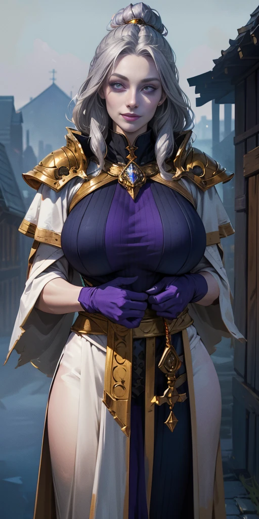 (Female chest covered)(smile) Gray skin, pale golden hair and violet eyes. She prefers clothing of white and silver with cloaks of deep blue or purple, village background, huge_knockers ((very precise detailed)) ((highres)