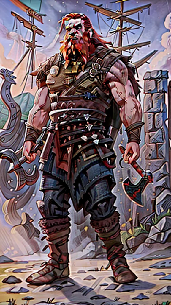 Ingólfr Einarr is a 40-year-old red-haired Viking man with a full and long beard, extroverted, muscular and very attractive, who wears his imposing medieval armor. hyper detailed and super realistic. cartoon style