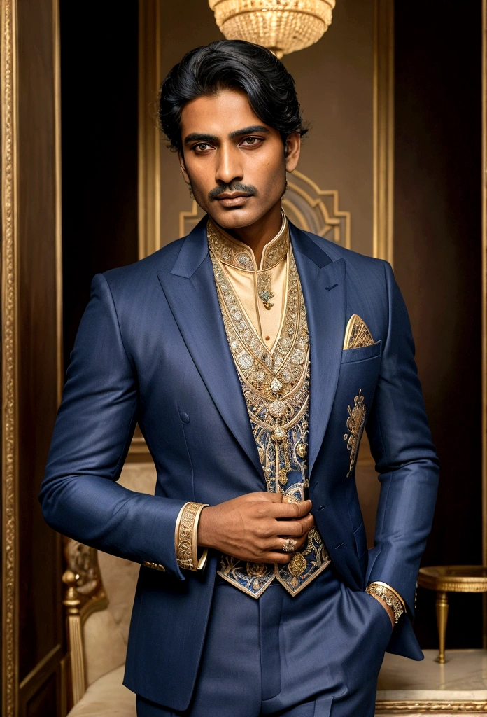 ((best quality)), ((masterpiece)), (detailed), Portrait of  Indian gentleman in a midnight blue Jodhpuri suit, adorned with intricate gold zardozi embroidery.  with a vintage emerald brooch catching the soft, dramatic spotlight