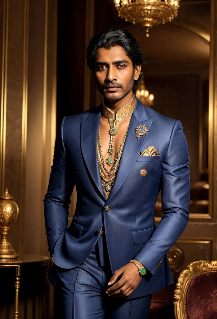 ((best quality)), ((masterpiece)), (detailed), Portrait of Indian gentleman in a midnight blue Jodhpuri suit, adorned with intricate gold zardozi embroidery. with a vintage emerald brooch catching the soft, dramatic spotlight