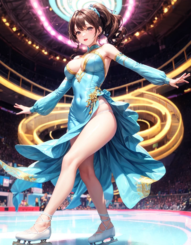 top-quality、hight resolution, (Figure skating light blue dress costume woman)、Slender Line、Looks like a model, Skating Ring、Photo 1 seen from below:1、white panties、Brown hair ponytail、Wavy hair、Big breasts、Red lips