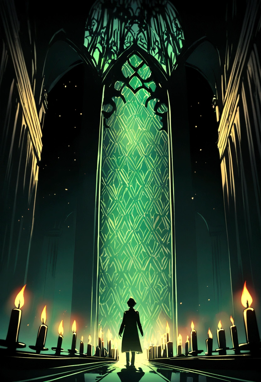 In a space decorated with green damask patterns、The lights are off and the candles are lit