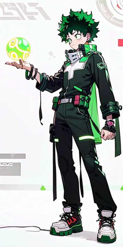 (((My Hero Academia Style))), (((Izuku Midoriya))), ((1boy)), (((solo))), ((Young Male)), ((single Character)), ((green eyes)), ((black eyeshadow)), ((ear piercings)), ((emo clothes)), ((punk clothes)), ((emo Style)), ((Punk Style)), ((Neon Green Glowing Symmetrical Cyberpunk Bracelets)), ((Symmetrical Cyberpunk Bracelets)), ((Neon Green Glowing Cyberpunk Bracelets)), ((Cyberpunk Bracelets)), ((Glowing Bracelets)), ((neon green bracelets)), ((neon green glowing bracelets)), ((red sneakers)), ((holding neon green energy orb)), ((holding energy orb)), ((holding orb neon green)), ((holding orb)), ((energy orb)), ((neon green energy orb)), ((perfect anatomy)), ((perfect hands)), ((perfect face)), ((super detailed)), 