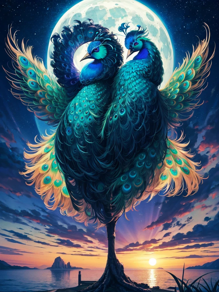 Highest quality,Highest Resolution,４K quality,１Feathered peacock,Spread your wings,front,moonlight,Starry Sky,Night Sky,lake,