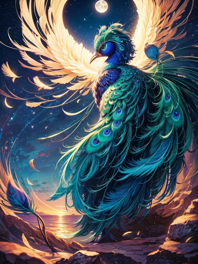 Highest quality,Highest Resolution,４K quality,１Feathered peacock,Spread your wings,front,moonlight,Starry Sky,Night Sky,lake,