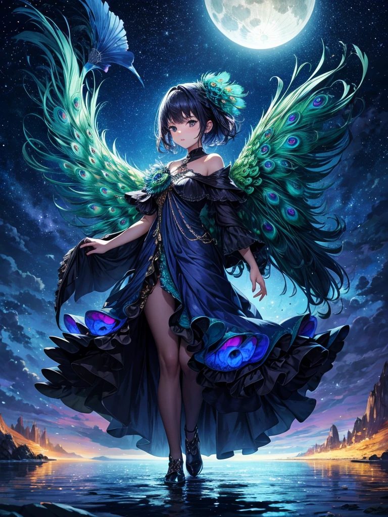 Highest quality,Highest Resolution,4K quality,1Feathered peacock,Spread your wings,front,moonlight,Starry Sky,Night Sky,lake,