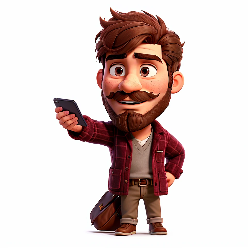 A strikingly handsome young man, his beard and mustache adding a touch of ruggedness to his otherwise polished appearance, clad in a burgundy outfit that perfectly complements his light brown eyes as he checks his phone with a sense of purpose.

