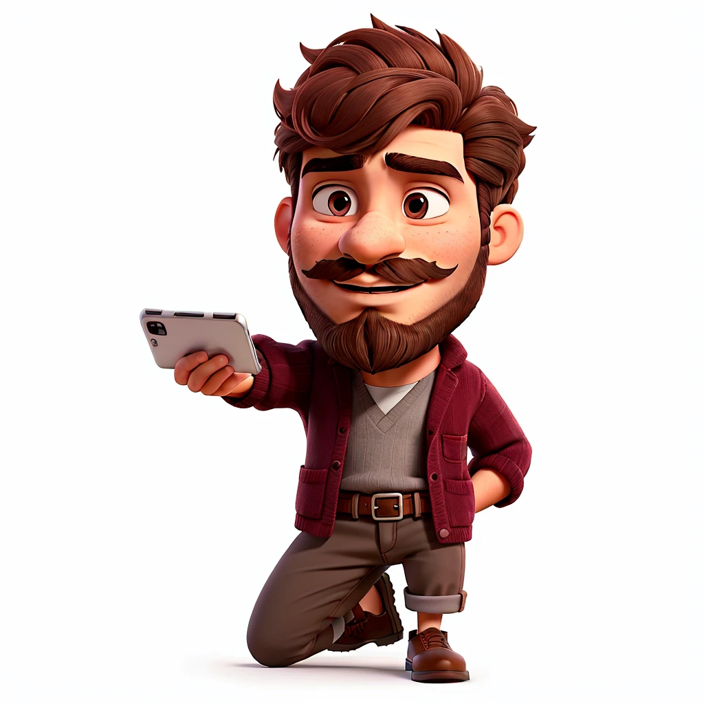 A strikingly handsome young man, his beard and mustache adding a touch of ruggedness to his otherwise polished appearance, clad in a burgundy outfit that perfectly complements his light brown eyes as he checks his phone with a sense of purpose.


