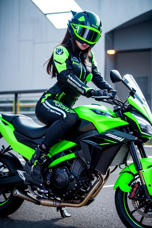 Maximum image quality, outstanding details, ultra high resolution, (realism: 1.4), the best illustration, favor details, 1 very condensed girl, with a delicate and beautiful face, dressed in a black and green wick, wearing a mecha helmet, holding a directional controller, ride a motorcycle, the background is a high-tech lighting scene of the city of the future.
